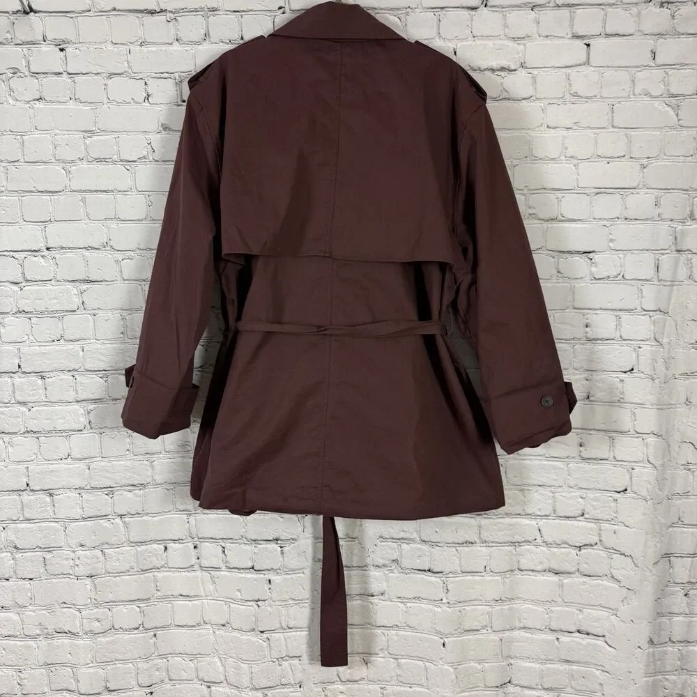 The Frankie Shop Lisburn Short Trench Coat Belted in Burgundy One Size O/S - Picture 12 of 15